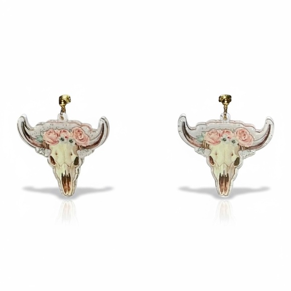 Hand Crafted Jewelry - Pink and White Floral Bull Skull with Flowers Roses Resin Earrings